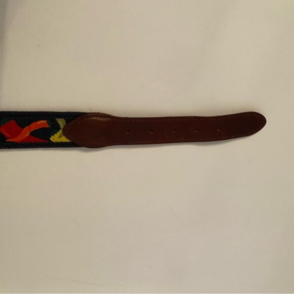 THE BELTED COW BELT BLUE CANVAS RED CHILI PEPPER BROWN LEATHER SIZE 34 USA - Picture 7 of 8